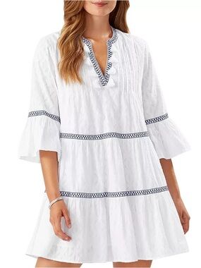 Tommy Bahama Jacquard Tiered Tassel Detail Dress Size M White